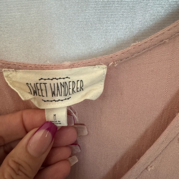 Sweet Wanderer Swiss Dot Blush Button-Front Tiered Mini Dress Size Medium - Picture 4 of 8